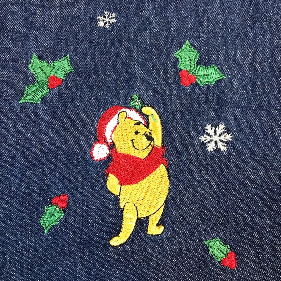 Disney Pride Womens Winnie The Pooh Christmas Mistletoe Glitter Denim Shirt Sz L - Picture 4 of 7